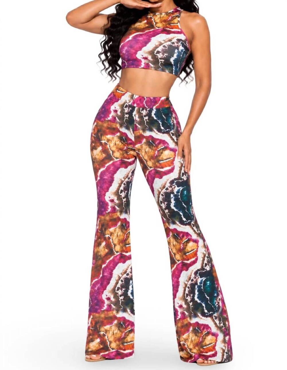 NEW HALF HEART italy stretch print wide leg pants set in pink multi